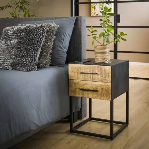 Nachtkastje 2L metal wood / Massief mango blank antiek