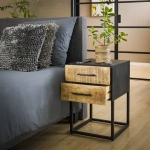 Nachtkastje 2L metal wood / Massief mango blank antiek