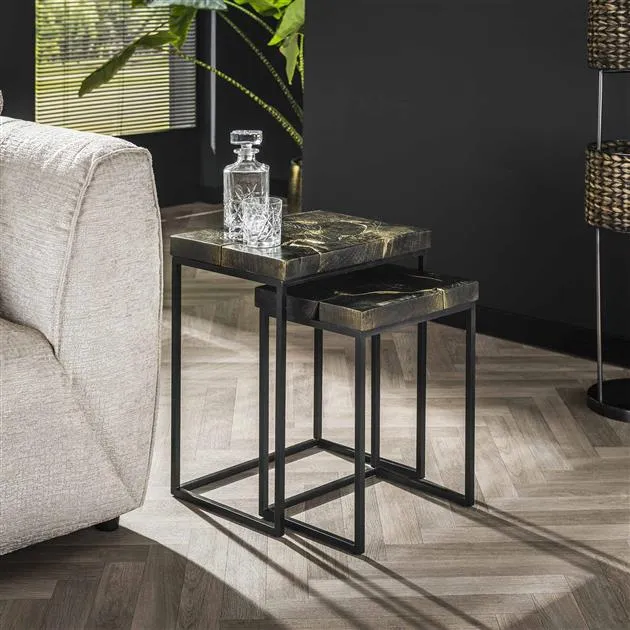 Bijzettafelset 2/ rechthoekig black and gold / Massief gerecycled teakhout black gold