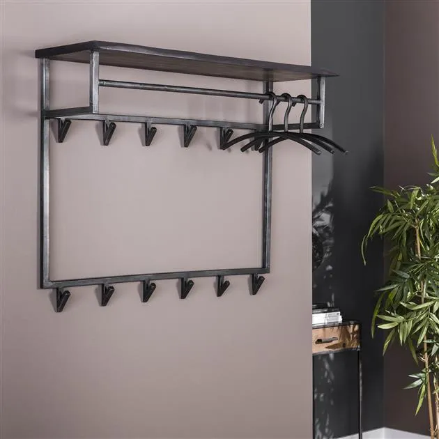 Kapstok yucon hoog 12 haken hoedenplank / Massief acacia zwart