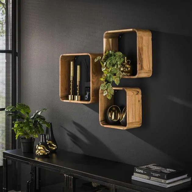 Wandschap set/3 vierkant / Massief acacia naturel