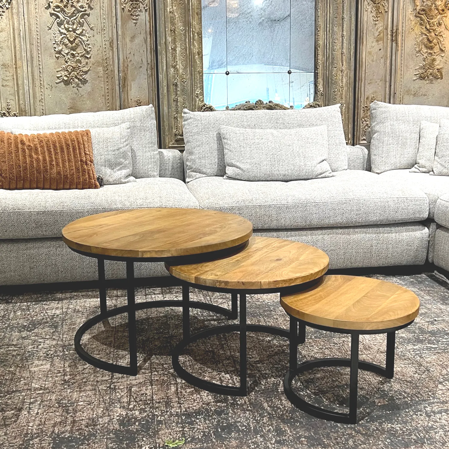 Salontafel Set van 3 Coins Mangohout 3 cm dik blad 73cm dia