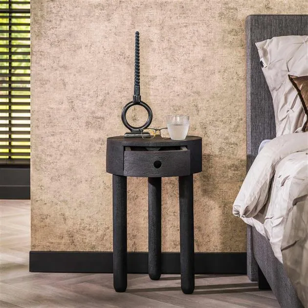 Nachtkastje 1L round full wood / Massief acacia zwart