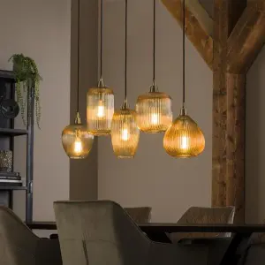 Hanglamp 5L stripe glass mix / Amberkleurig glas