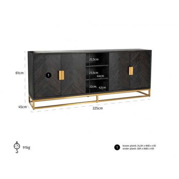 Dressoir Blackbone gold 4-deuren + open vak (Black rustic)