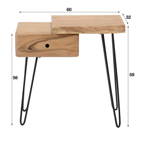 Sidetable / Nachtkastje Live Edge Acacia Lade Links