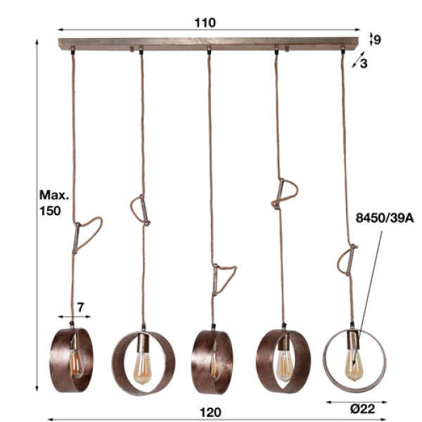 Hanglamp 5L loop/Antiek Nikkel