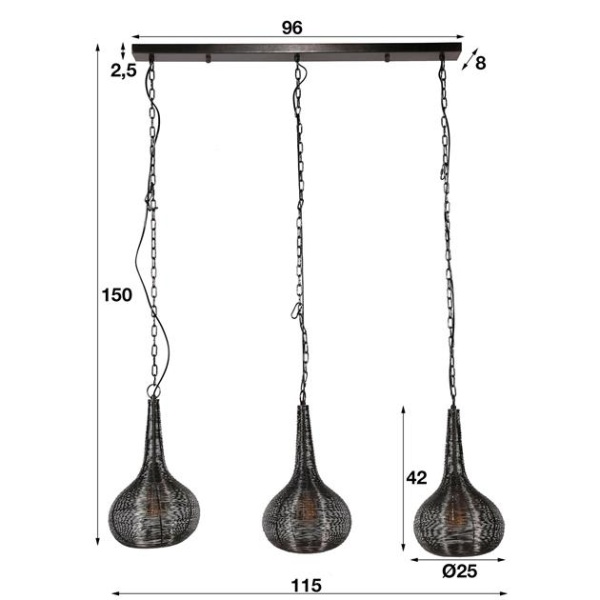 Hanglamp 3L wire kegel / Antiek Nikkel