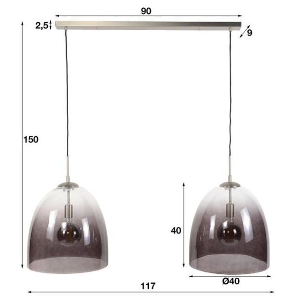 Hanglamp 2x 40 shaded ovaal glas / Mat nikkel