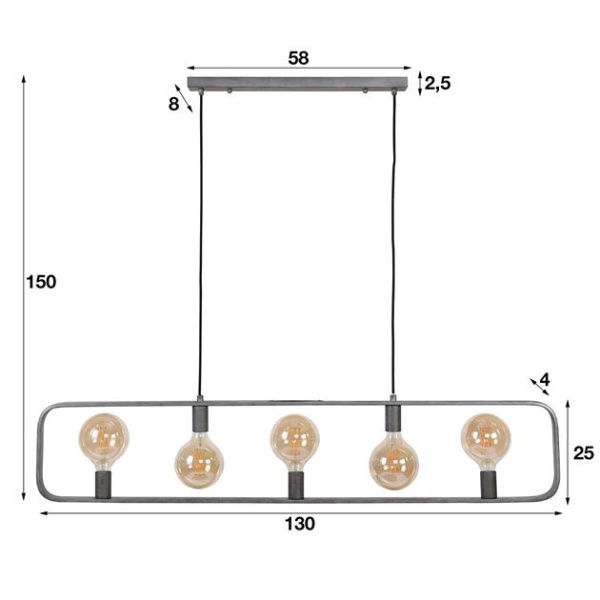 Hanglamp 5L strip / Oud zilver