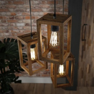 Hanglamp 3x houten frame getrapt / Massief mango naturel