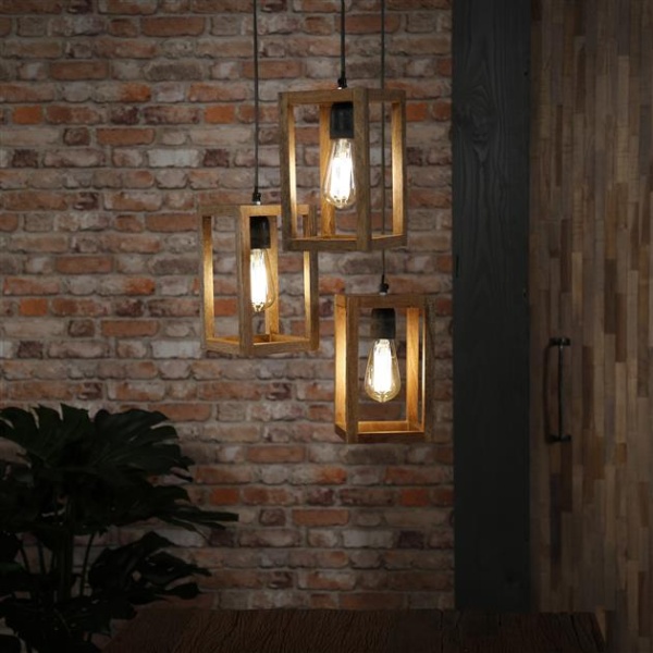 Hanglamp 3x houten frame getrapt / Massief mango naturel