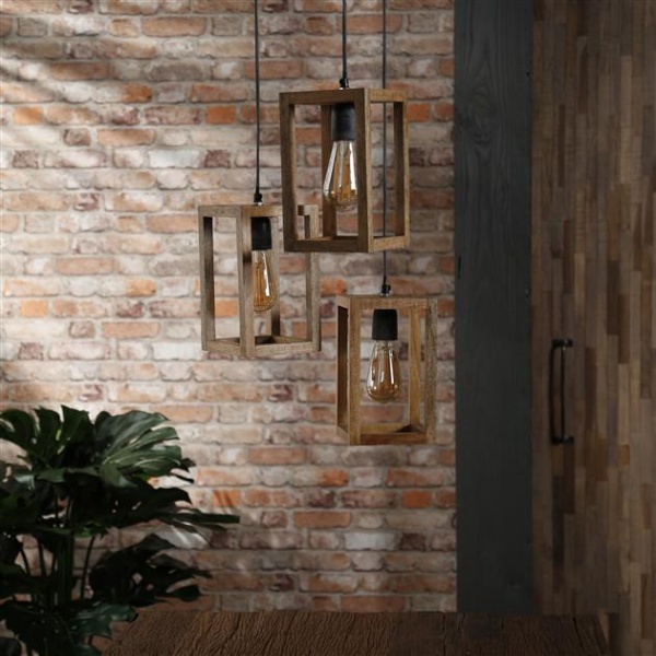 Hanglamp 3x houten frame getrapt / Massief mango naturel