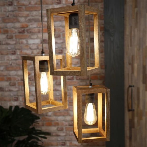 Hanglamp 3x houten frame getrapt / Massief mango naturel
