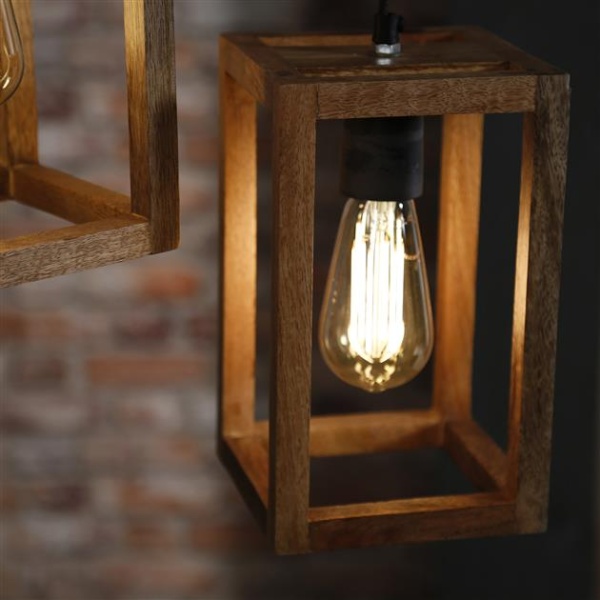 Hanglamp 3x houten frame getrapt / Massief mango naturel