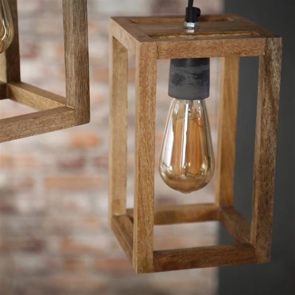 Hanglamp 3x houten frame getrapt / Massief mango naturel