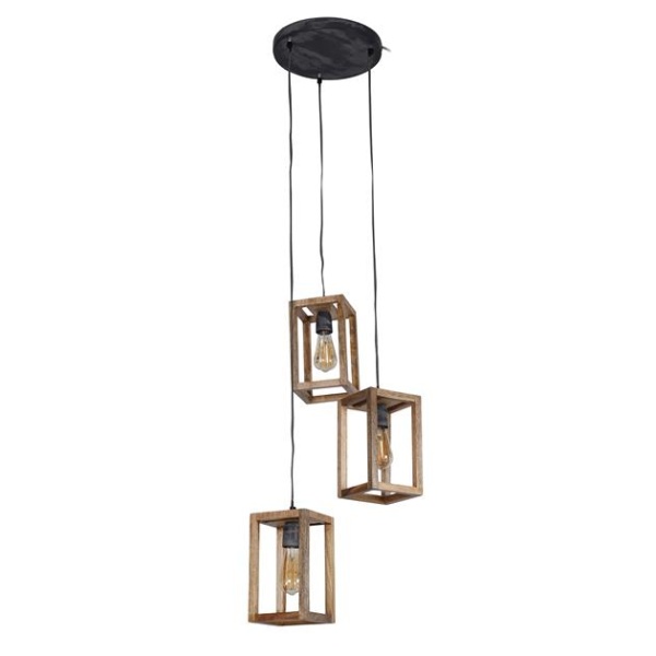 Hanglamp 3x houten frame getrapt / Massief mango naturel
