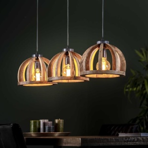 Hanglamp 3x 30 gebogen houten spijlen / Massief mango naturel