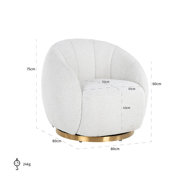 Draaifauteuil Jago White Bouclé / Brushed gold (Copenhagen 900 Bouclé White)