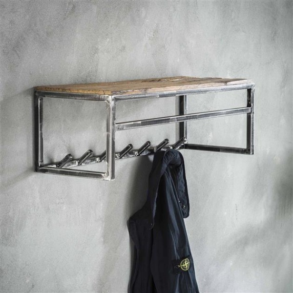 Kapstok grained 7 haken met roede en hoedenplank / Robuust hardhout