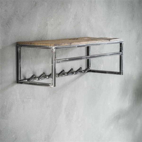 Kapstok grained 7 haken met roede en hoedenplank / Robuust hardhout