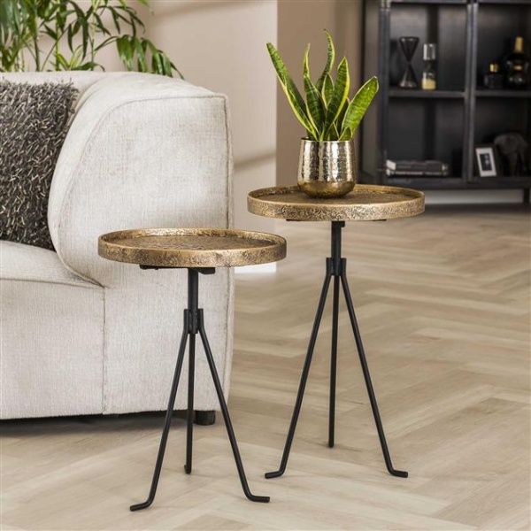 Bijzettafel set/2 rond metallic / Brons antiek