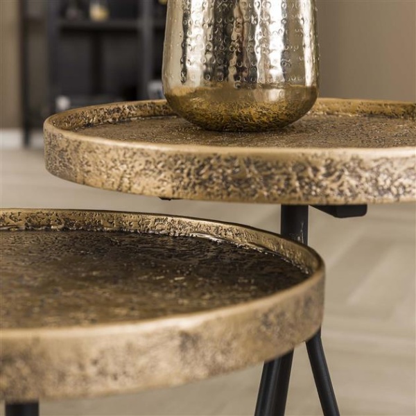 Bijzettafel set/2 rond metallic / Brons antiek