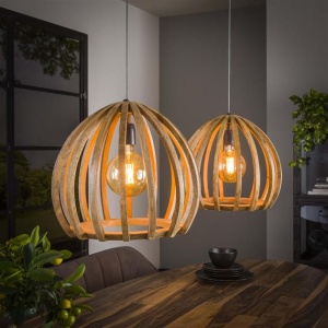 Hanglamp 2L gebogen houten spijlen / Massief mango naturel