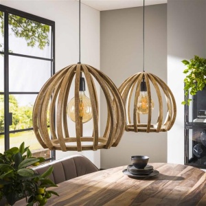 Hanglamp 2L gebogen houten spijlen / Massief mango naturel