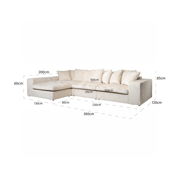 Bank Alcazar 3-zits + lounge links/rechts white chenille (Bergen 900 white chenille)