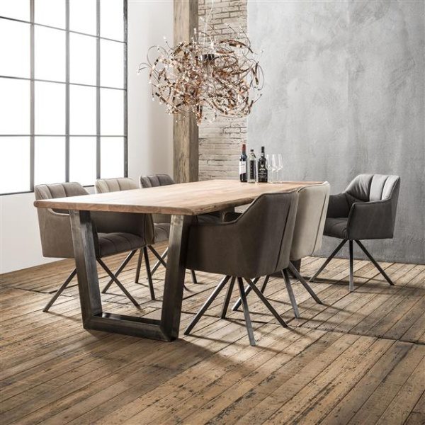 Eetkamertafel 200cm stam in 38mm dik massief acacia met trapezium-vormig frame in 8x8cm zwart geschuurd RVS. / Massief acacia naturel