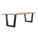 Eetkamertafel 200cm stam in 38mm dik massief acacia met trapezium-vormig frame in 8x8cm zwart geschuurd RVS. / Massief acacia naturel