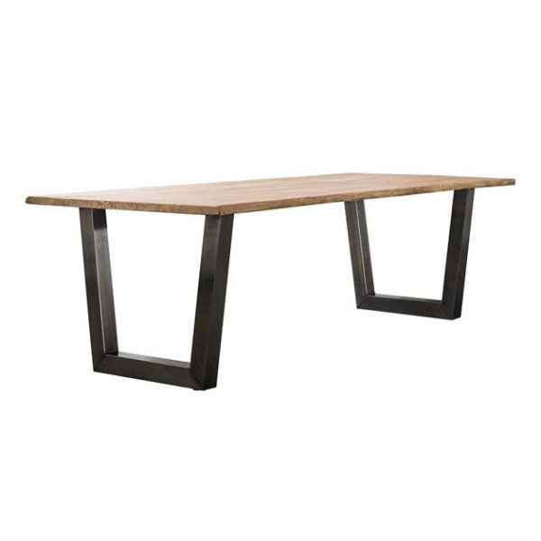 Eetkamertafel 200cm stam in 38mm dik massief acacia met trapezium-vormig frame in 8x8cm zwart geschuurd RVS. / Massief acacia naturel