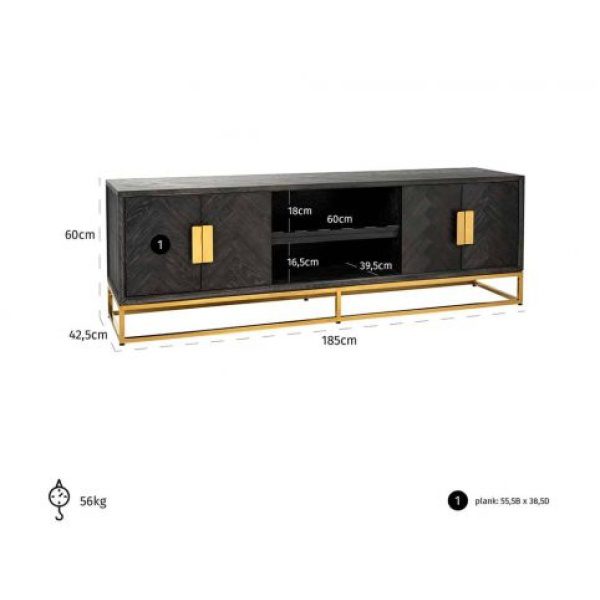 Showroommodel,TV-dressoir Blackbone gold 4-deuren 185 (Black rustic), zelf afhalen