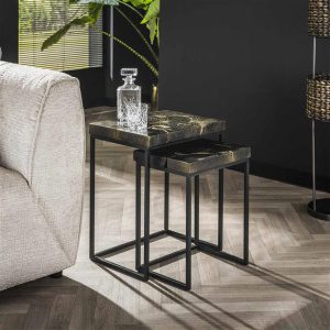 Bijzettafelset 2/ rechthoekig black and gold / Massief gerecycled teakhout black gold