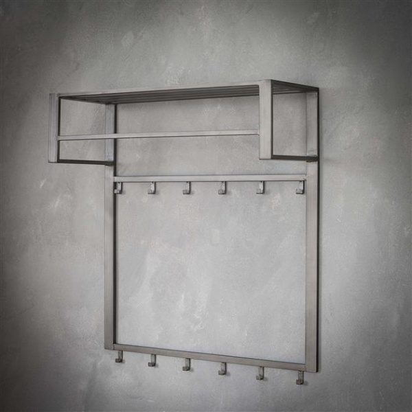 Kapstok industrial 2x6 haken roede -hoedenplank/Zilver