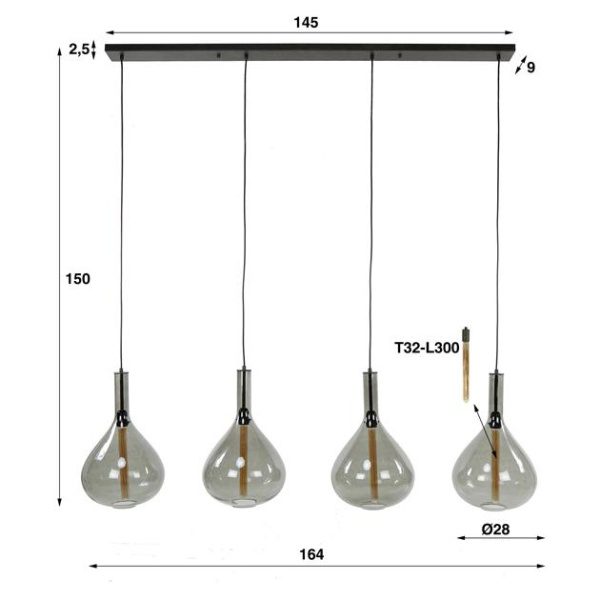 Hanglamp 4L drop smoke glass / Artic zwart