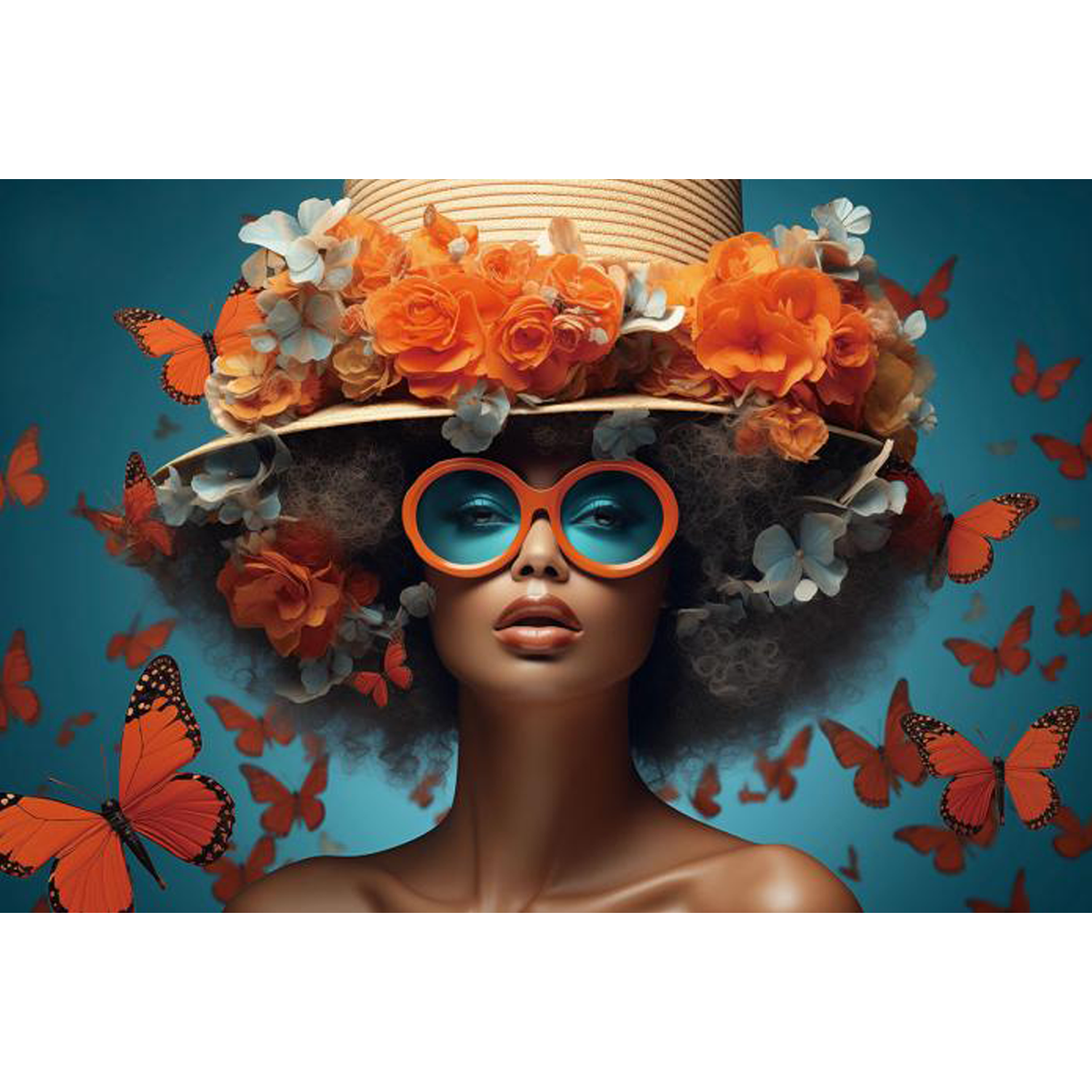Glasschilderij Vrouw met oranje vlinders 120x80 cm