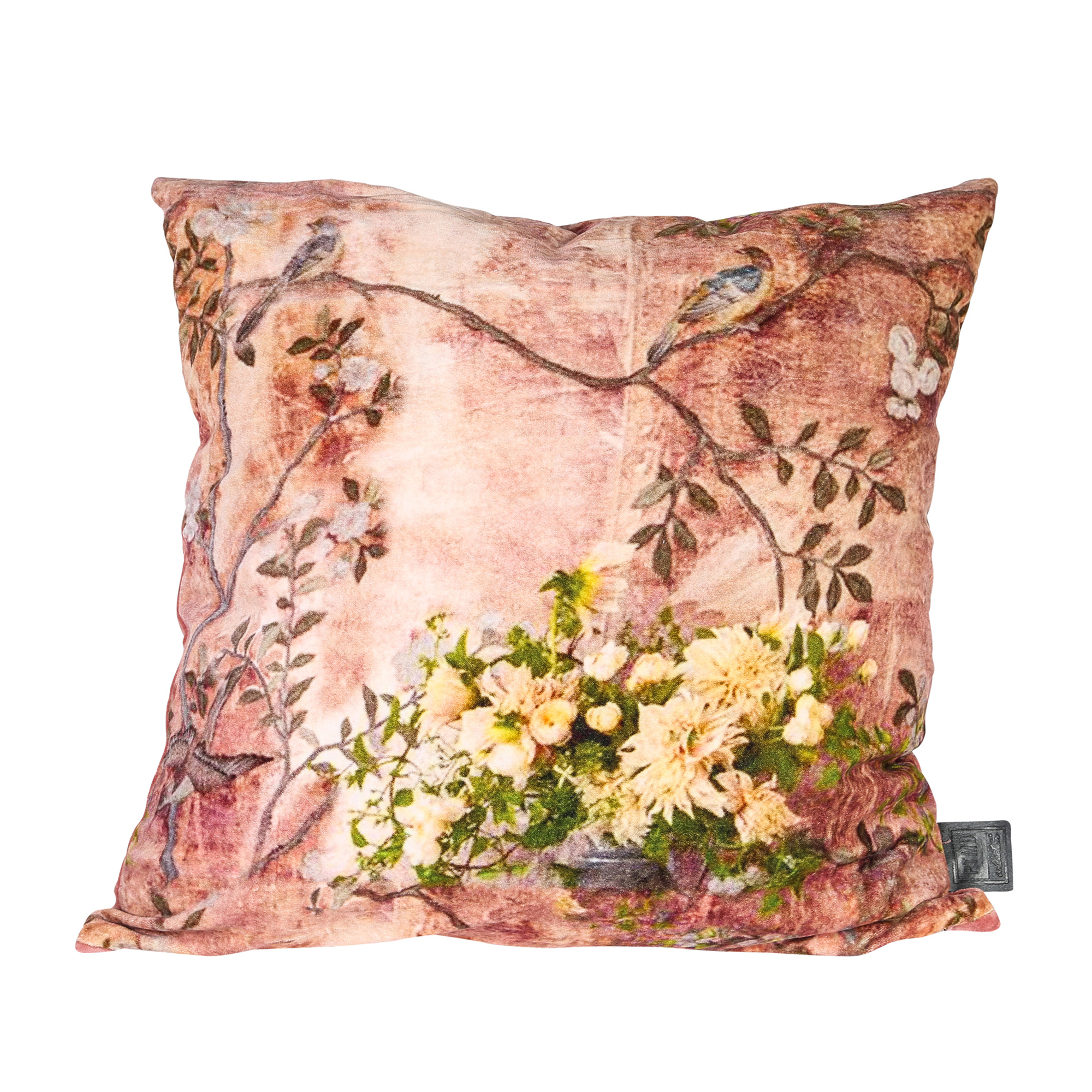 Vajen old pink velvet/cotton cushion bloem print