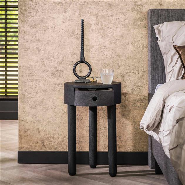 Nachtkastje 1L round full wood / Massief acacia zwart