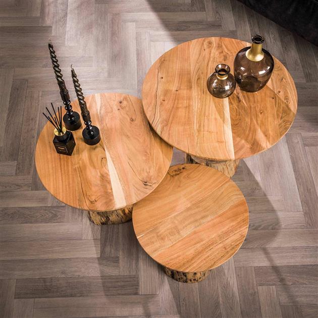 Salontafel set/3 boomstam voet / Massief ac