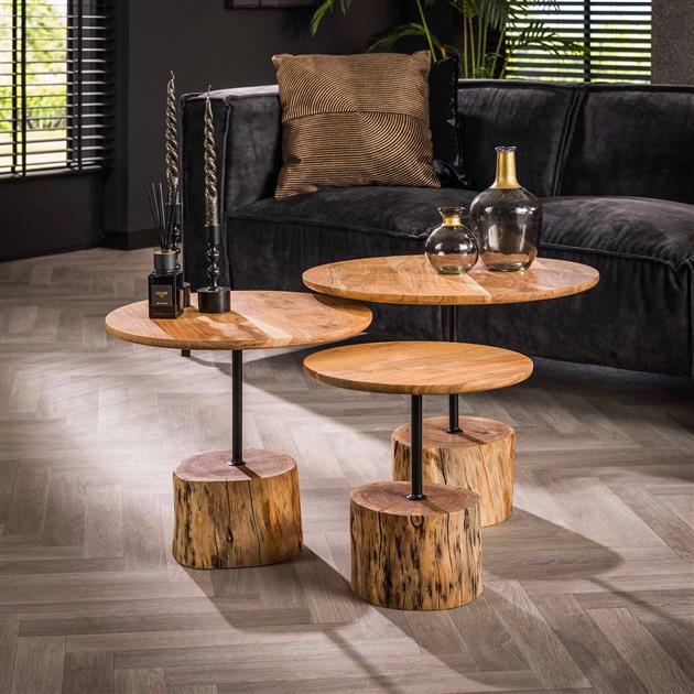 Salontafel set/3 boomstam voet / Massief ac