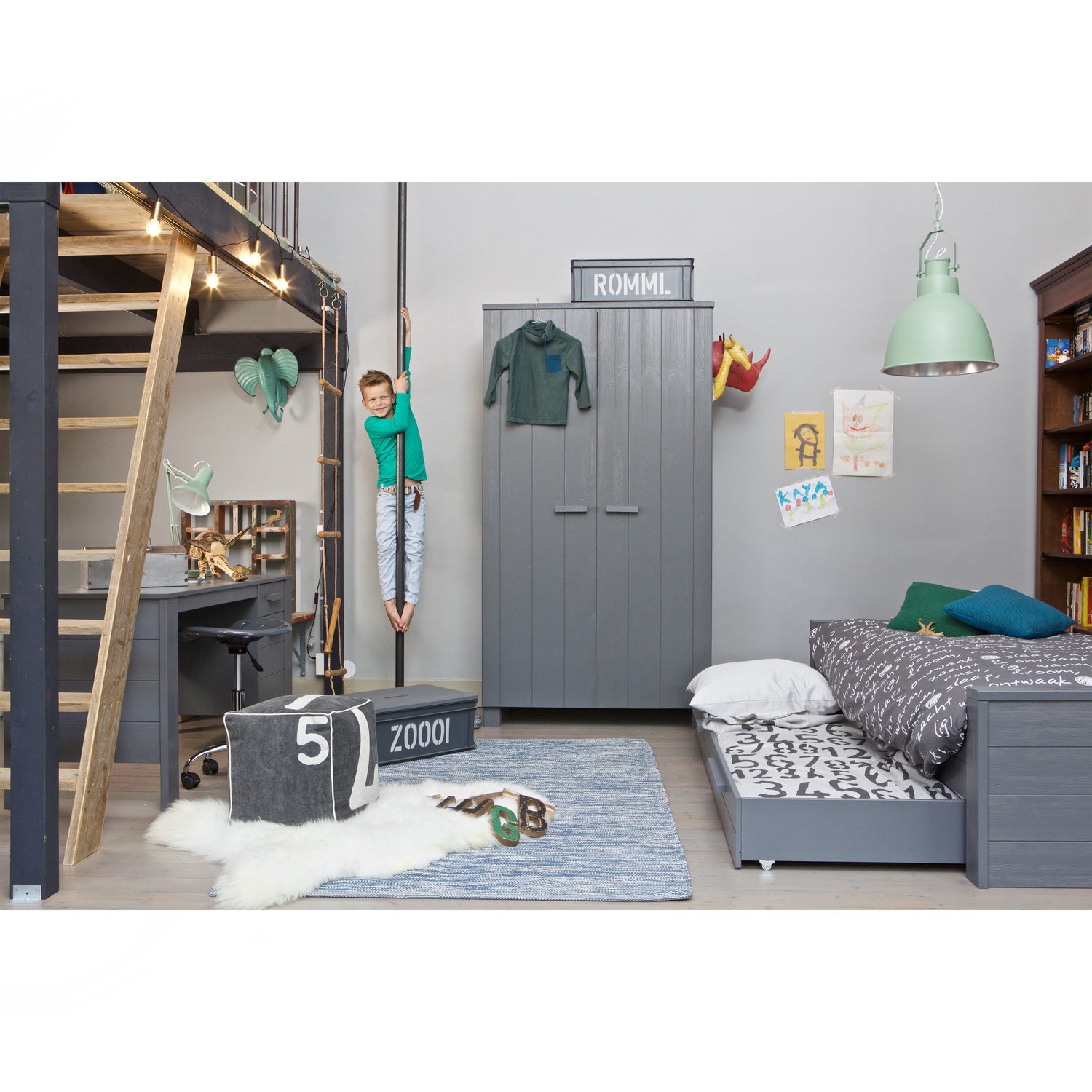 Dennis Bed 90x200 Cm Grenen Steel Grey Geborsteld (excl lade)