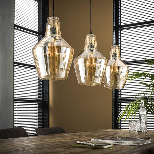 Hanglamp 3L amber glas kegel / Oud zilver