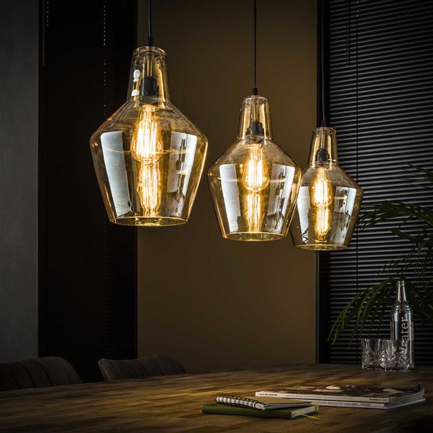 Hanglamp 3L amber glas kegel / Oud zilver