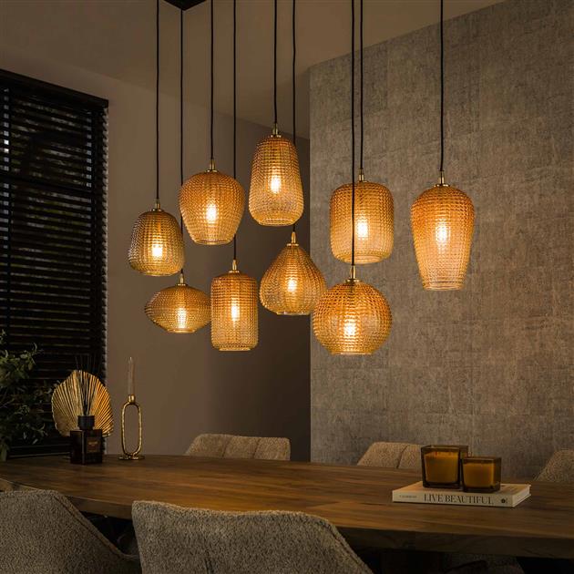 Hanglamp 5+4 dot pattern / Amberkleurig glas