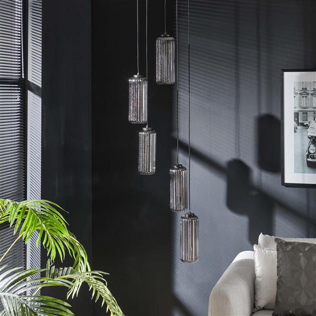 Hanglamp 5L getrapt cilinder rib smoke / Artic zwart