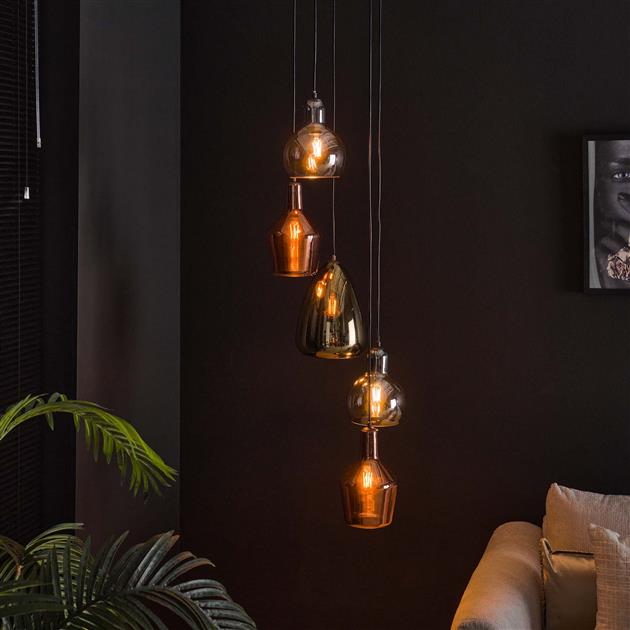 Hanglamp 5L getrapt mix glass tricolore / Artic zwart