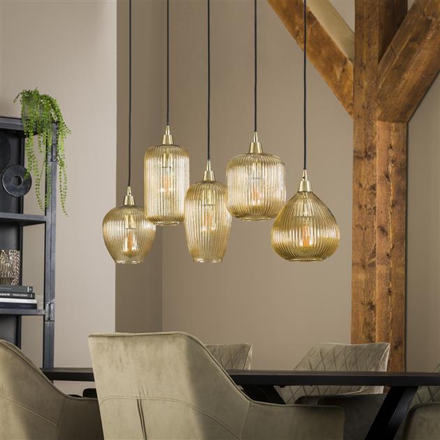Hanglamp 5L stripe glass mix / Amberkleurig glas
