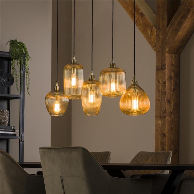 Hanglamp 5L stripe glass mix / Amberkleurig glas